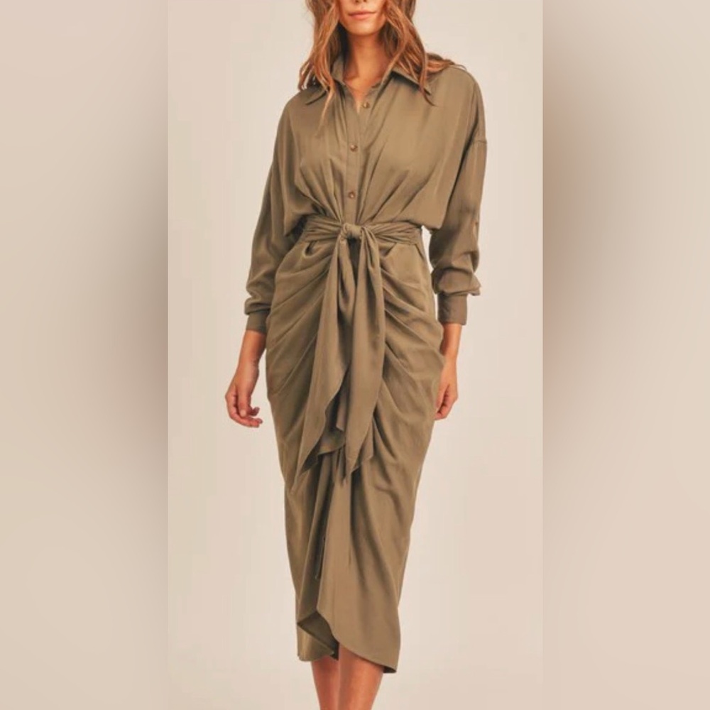 Olive Long Sleeve Tencel Dress With Ruched Detail. Size Medium